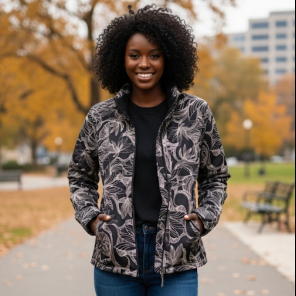 Athleta Odyssey Black Floral Print Magnetic Zip‎ Jacket Size Medium